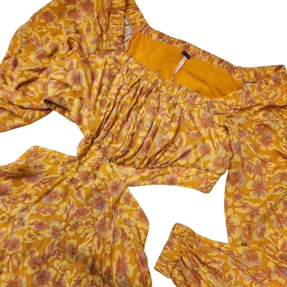 FREE PEOPLE Size XS Jael Printed Mini Dress In Golden Combo Off Shoulder Viscose